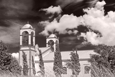 Double Belfry Church in BW.