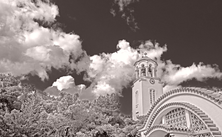 Belfry and Clouds in B&W.
