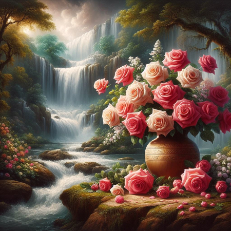 Waterfall and roses