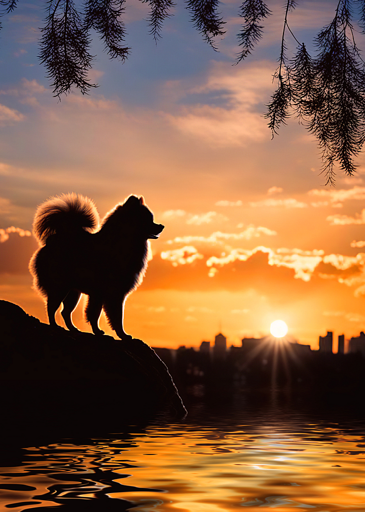 Pomeranian Pup with Sunset in the City