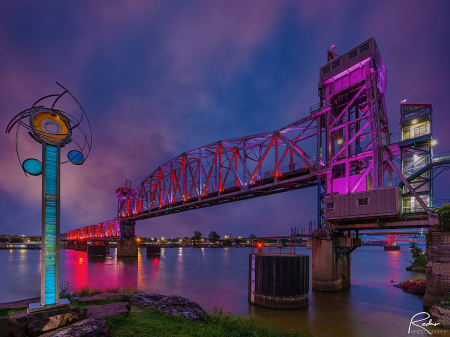 Lighted Bridge and Sculpture