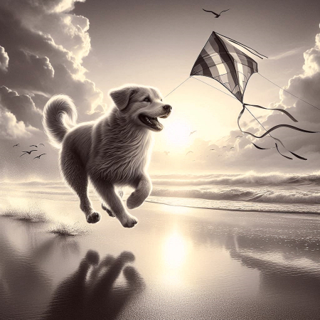 Fiction - dog with kite at sunrise