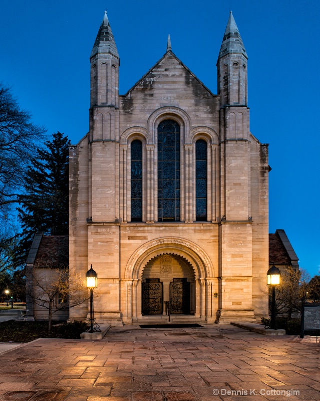 Outside Shove Chapel at dusk