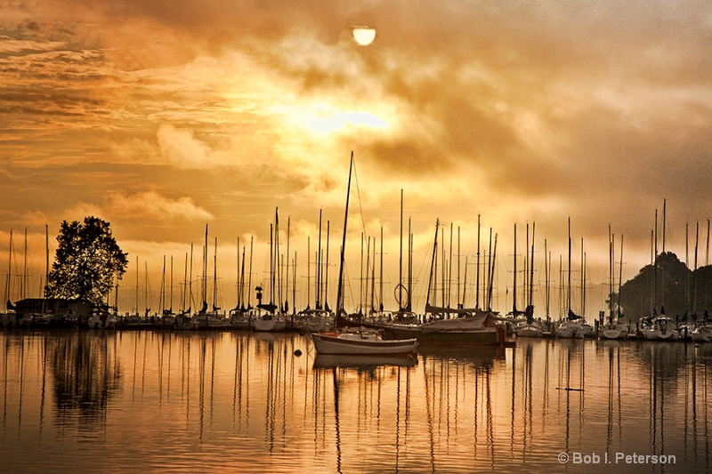 Foggy sunrise over Knoxville Marina