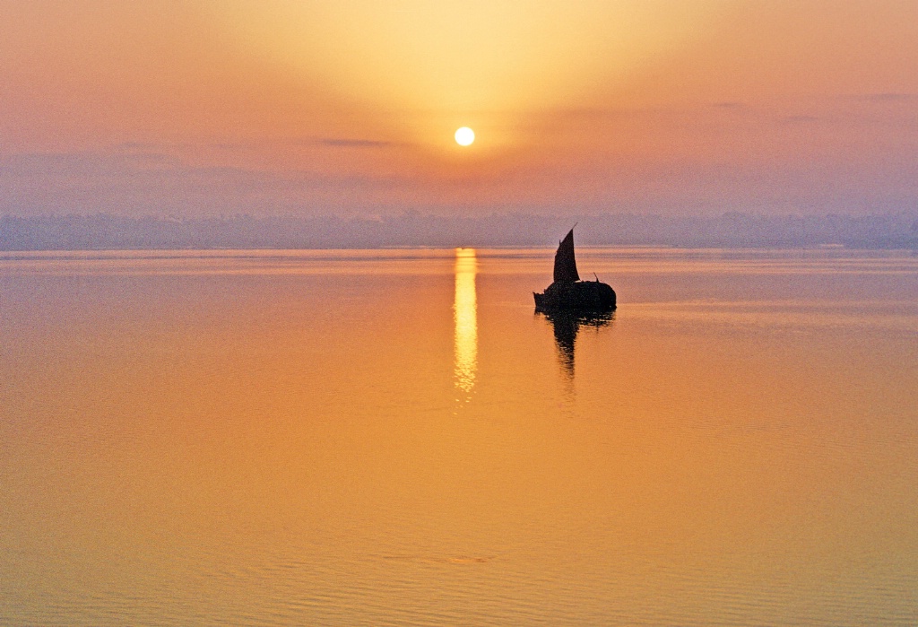 Serene sunset time at Ganges river.