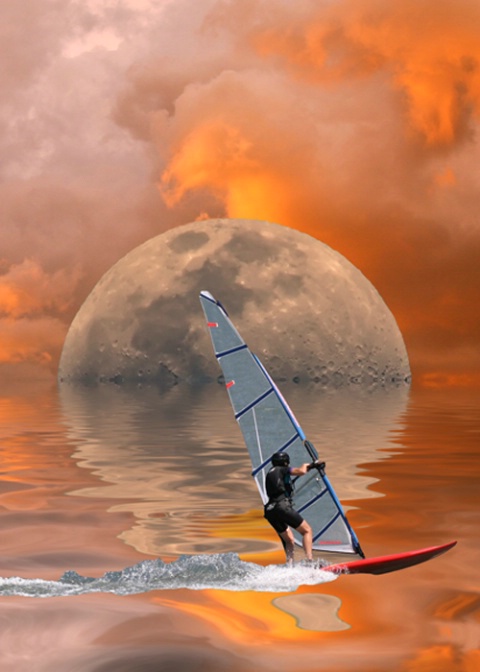 Sailboard, Moon and Sky