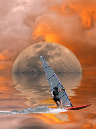 Sailboard, Moon and Sky