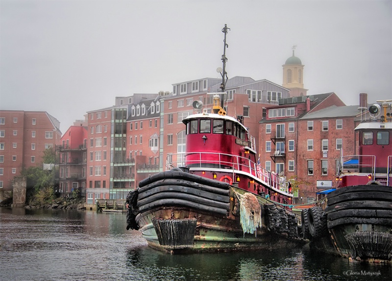 Tugboats in the fog, Maine