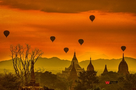 pagoda with ballons